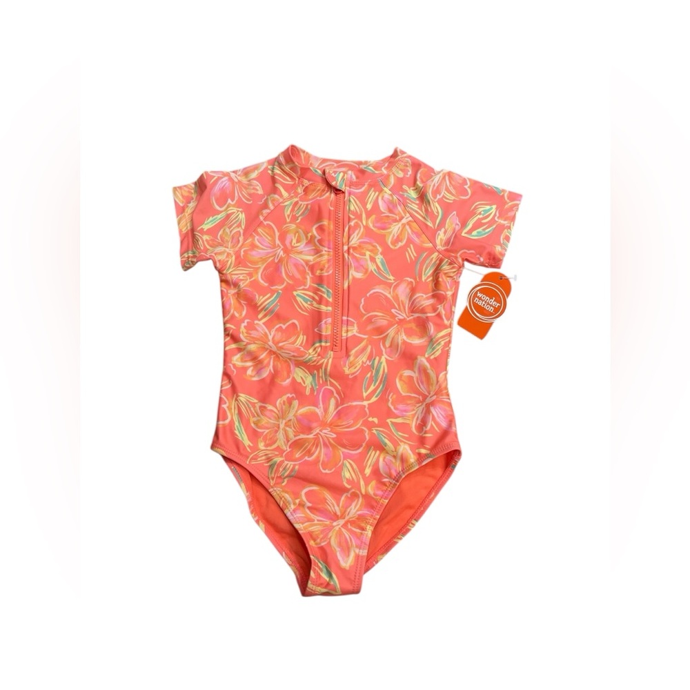 Wonder Nation Rashgaurd Orange Floral 1 Piece Swimsuit Girls size S(6-6X) New